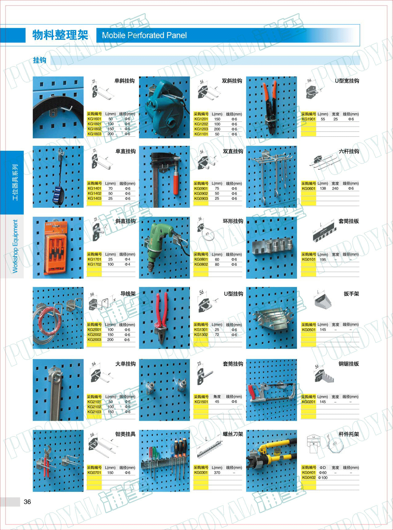 單斜掛鉤，KG1601,KG1801,1802,1803,雙斜掛鉤，KG1201，KG1202，KG1203，KG1101，U型寬掛鉤，KG1901，單直掛鉤，KG1401，KG1402，KG1403，雙直掛鉤，KG0901，KG0902，KG0903，六桿掛鉤，KG0601，斜直掛鉤，KG1701，KG1702，環(huán)形掛鉤,KG0801，KG0802，套筒掛板，KG0101，導(dǎo)線架，KG2001，KG2002，KG2003，U型掛鉤，KG1301，KG1302，扳手架，KG0501，大單掛鉤，KG2101，KG2102，KG2103，套筒掛鉤，KG1501，鋼鋸掛板，KG0201，鉗類掛具，KG0701，螺絲刀架，KG0301，桿架托架，KG0401，KG0402